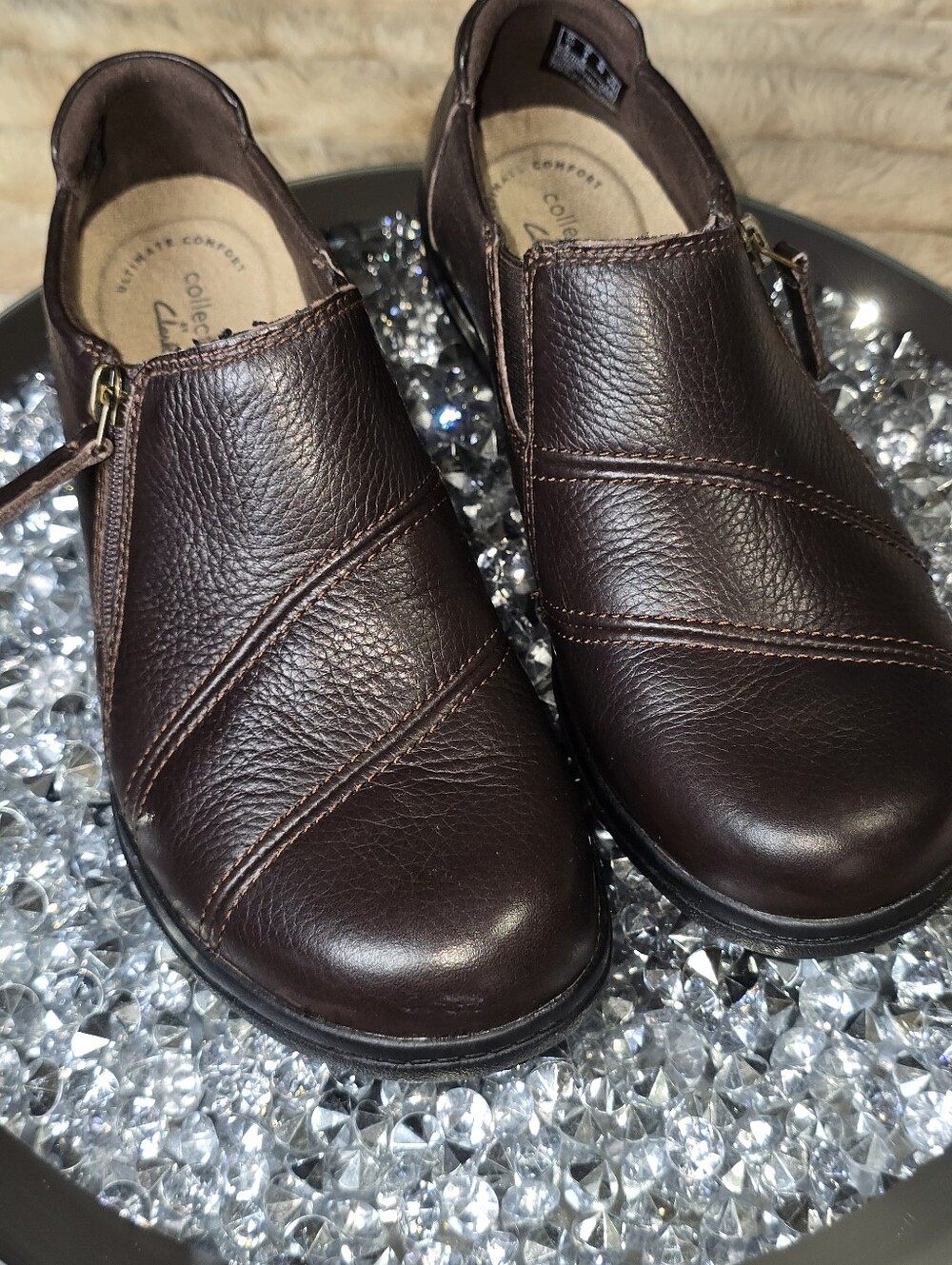 Clarks Collection Brown Leather Side Zip Comfort Slip-On Shoes Sz 8M